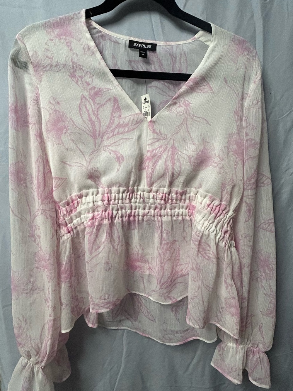 Express White & Pink Floral Smocked-Waist V-Neck Blouse